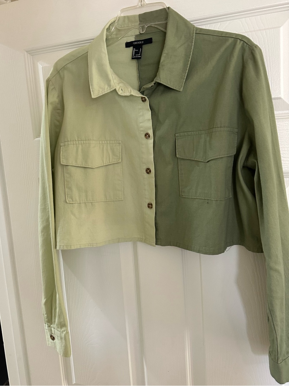Forever 21 Two-Tone Light and Dark Olive Green Cropped Shirt